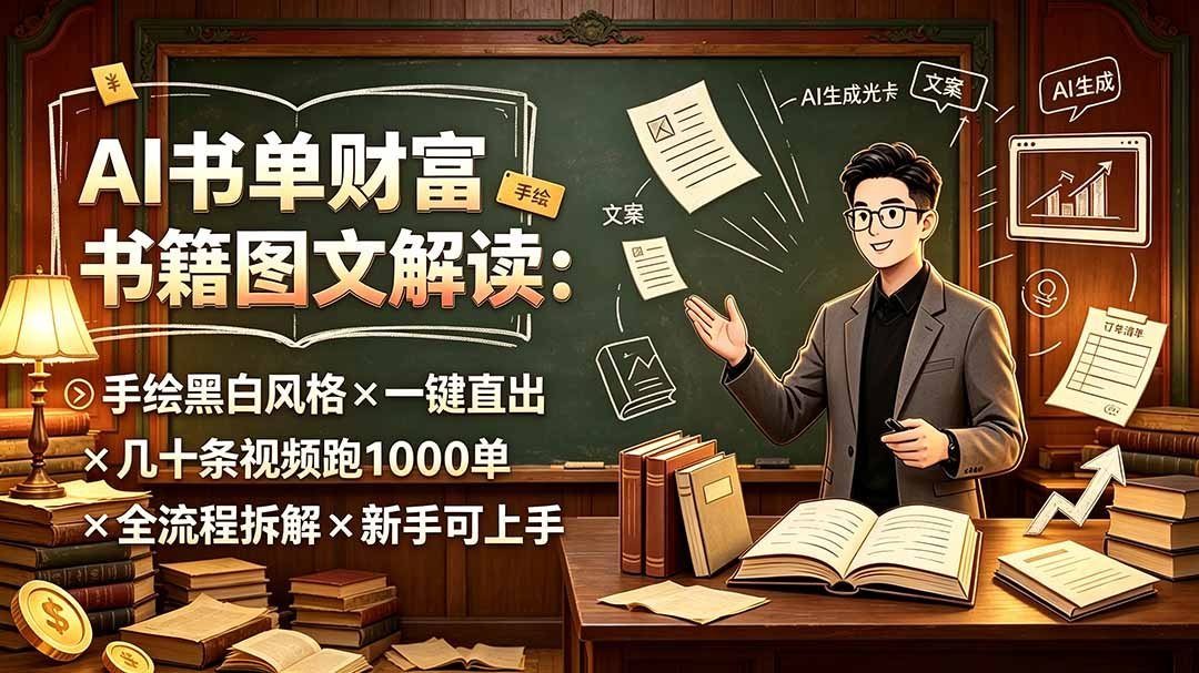 手绘黑白风AI书单财富秘籍：一键生成视频，新手轻松跑千单全流程拆解